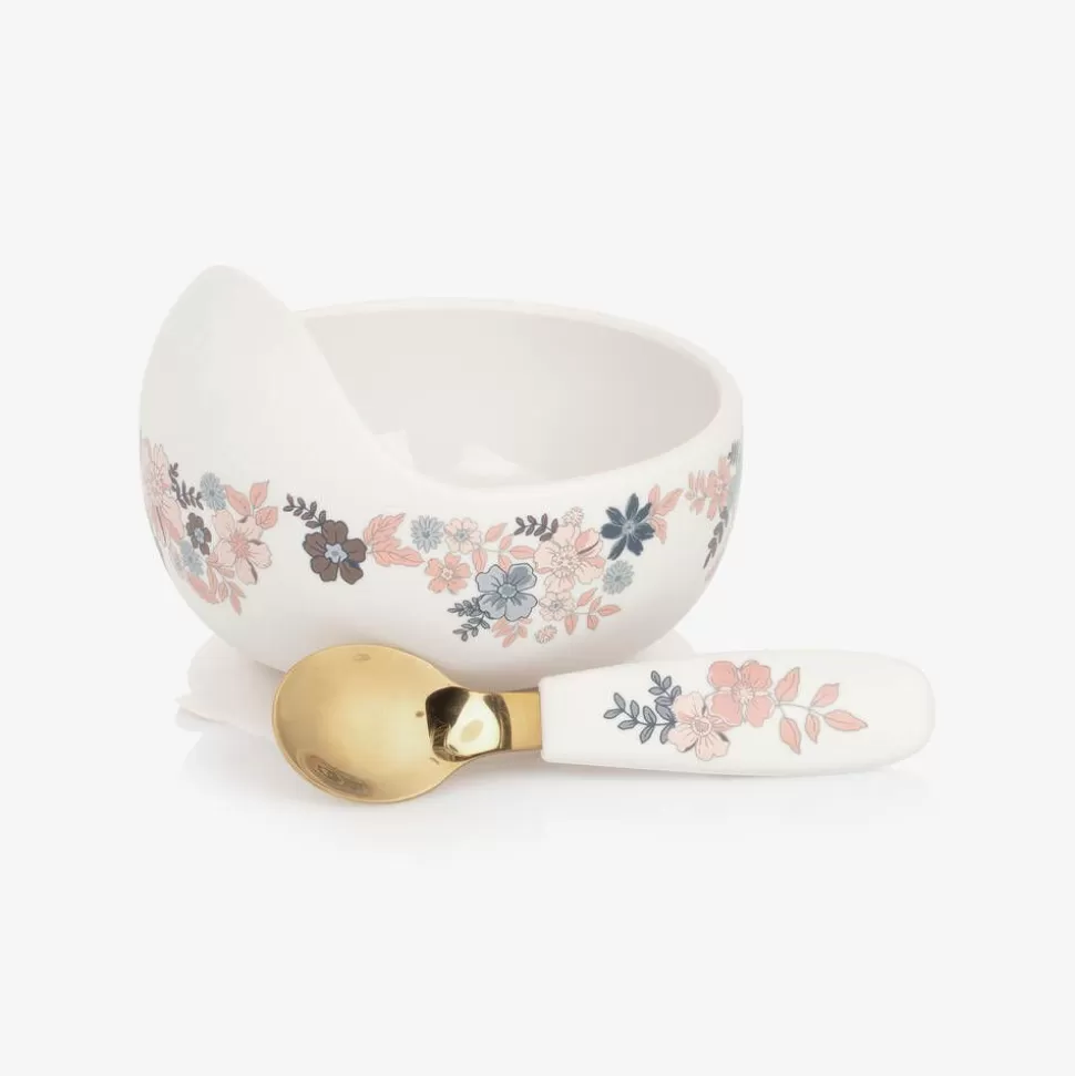 Elodie Baby Girls Ivory Floral Feeding Bowl & Spoon Set^ Lunch Accessories