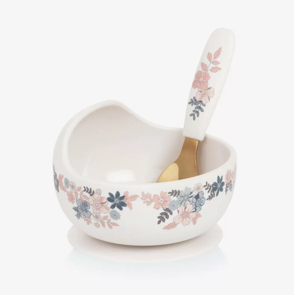 Elodie Baby Girls Ivory Floral Feeding Bowl & Spoon Set^ Lunch Accessories