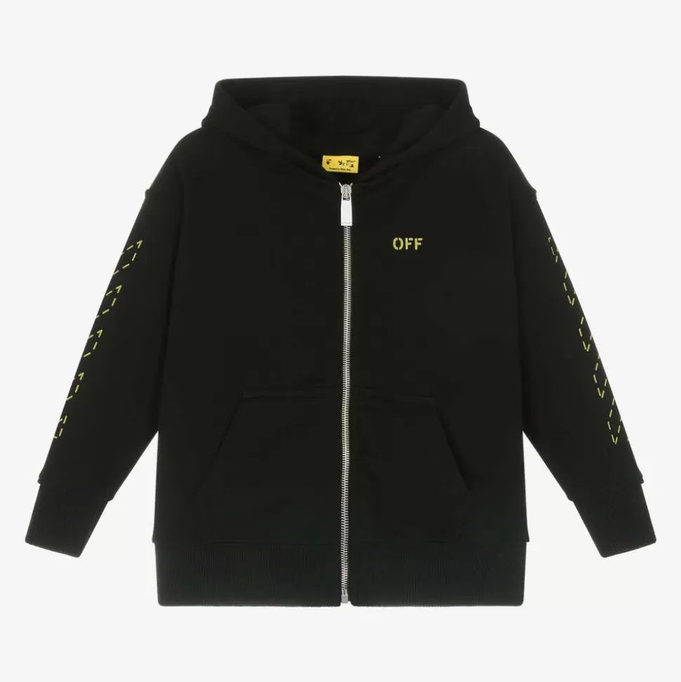Off-White Boys Black Cotton Hooded Zip-Up Top^BOY Tops