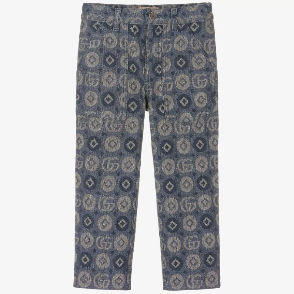 Gucci Boys Blue Cotton Jacquard Logo Trousers^BOY Trousers