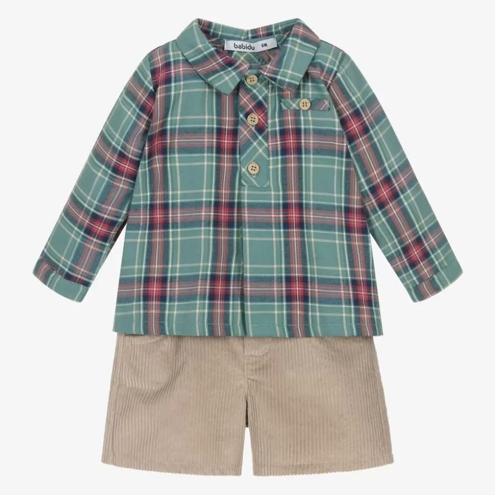 Babidu Boys Green & Beige Corduroy Shorts Set^BOY Outfit Sets