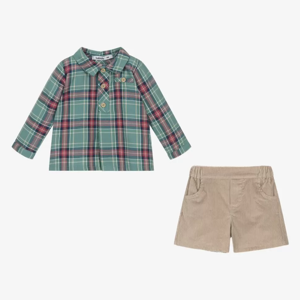 Babidu Boys Green & Beige Corduroy Shorts Set^BOY Outfit Sets