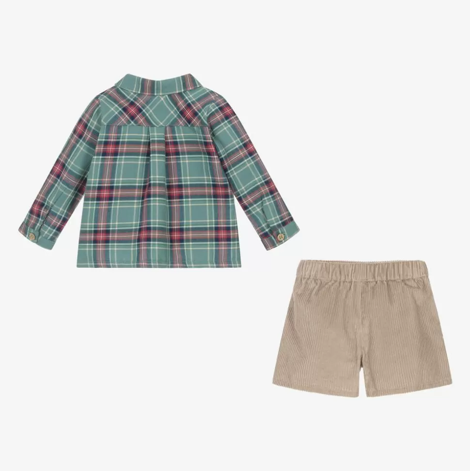 Babidu Boys Green & Beige Corduroy Shorts Set^BOY Outfit Sets