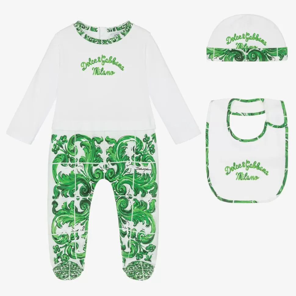 Dolce amp; Gabbana Boys Green Majolica Cotton Babysuit Set^ Babysuits