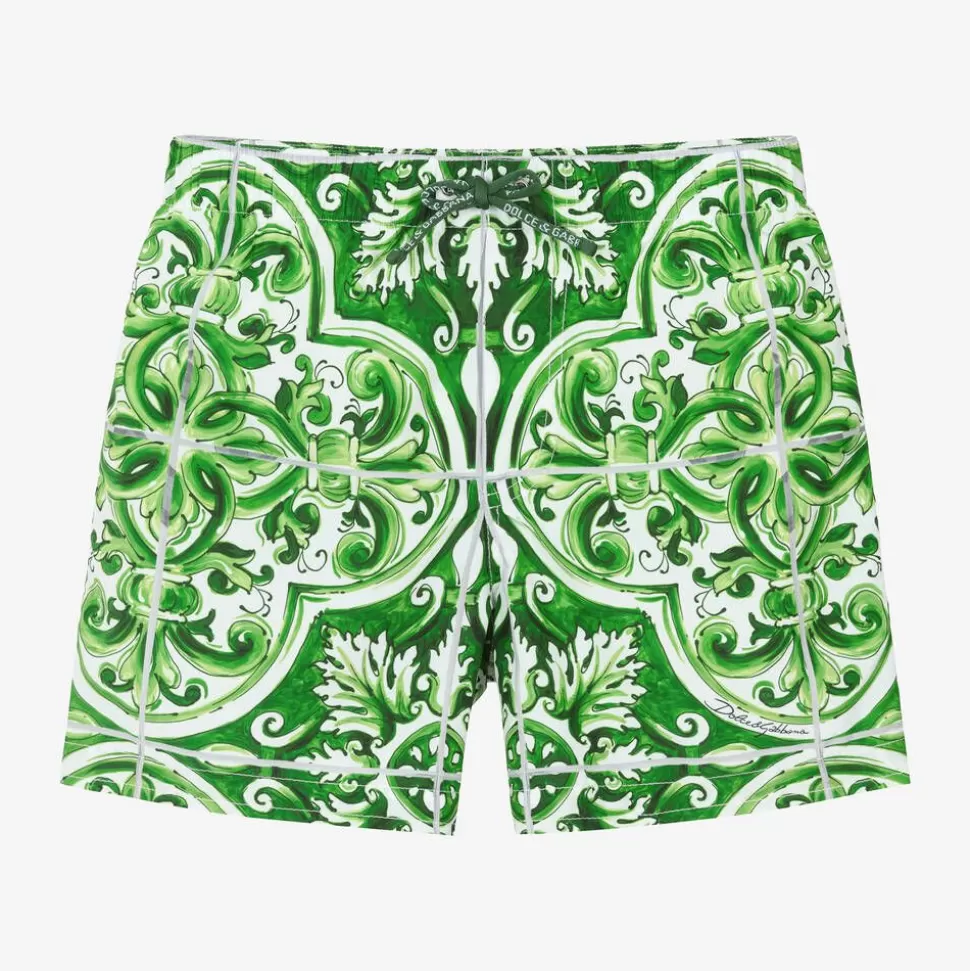 Dolce amp; Gabbana Boys Green Majolica Print Swim Shorts^BOY Swimwear
