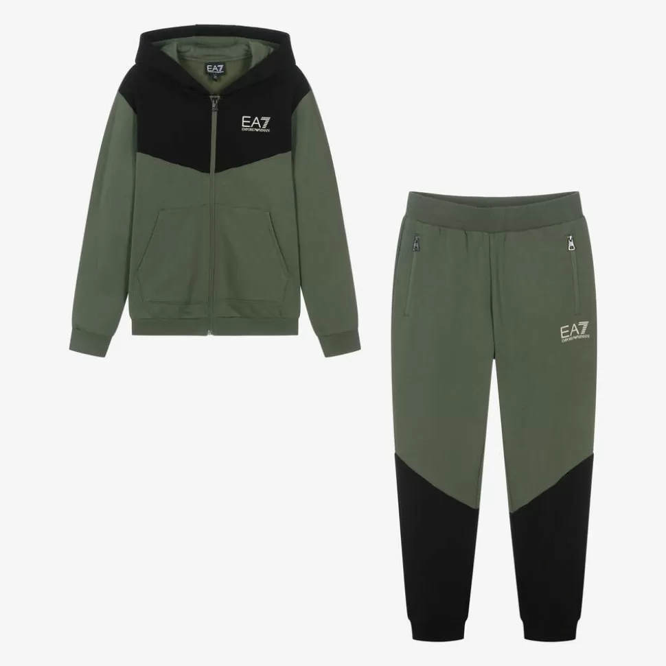 EA7 Emporio Armani Boys Khaki Green Cotton Colourblock Tracksuit^BOY Tracksuits