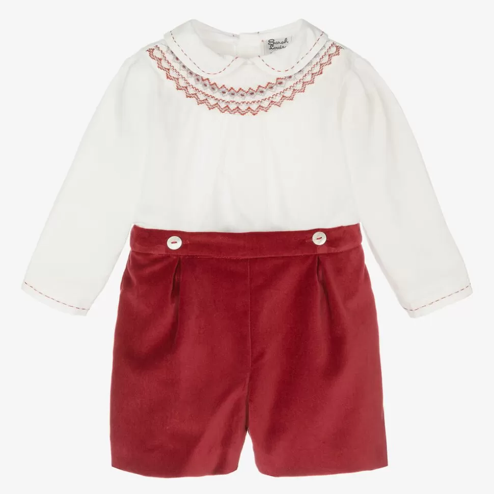 Sarah Louise Boys Red Velvet Hand-Smocked Buster Suit^BOY Outfit Sets | Outfit Sets