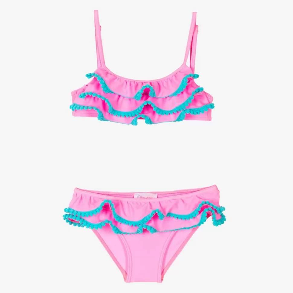 Selini Action Girls Pink Ruffle & Blue Pom-Pom Bikini^ Swimwear