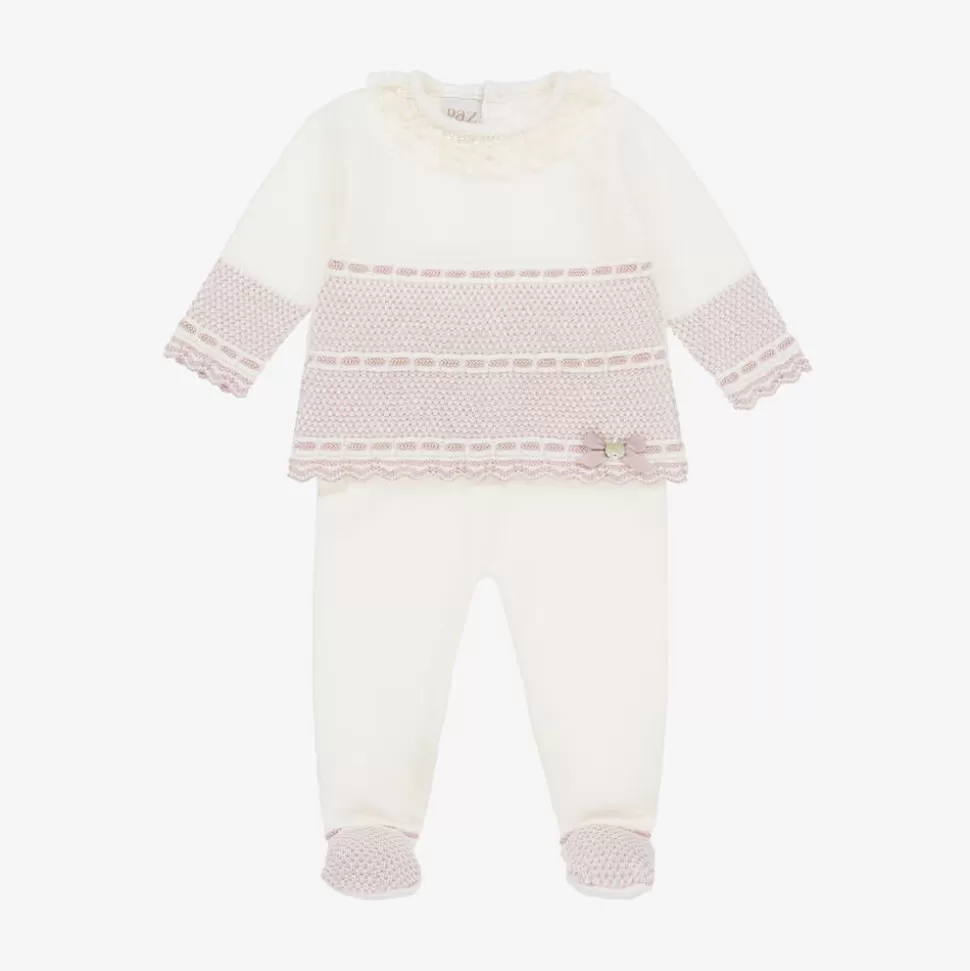 Paz Rodríguez Ivory & Pink Merino Wool Knitted 2 Piece Babygrow^ Gifts | Babysuits