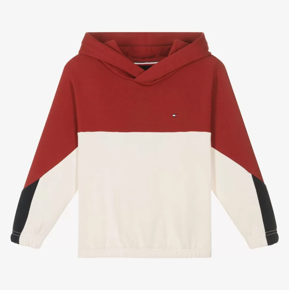 Tommy Hilfiger Red & White Cotton Color Block Hoodie^BOY Tops