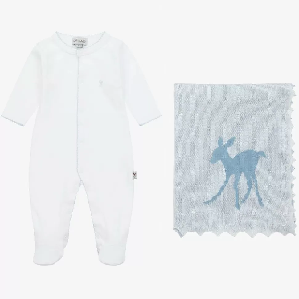 G.H.Hurt amp; Son White Cotton & Blue Wool Baby Gift Set^ Gifts | Babysuits